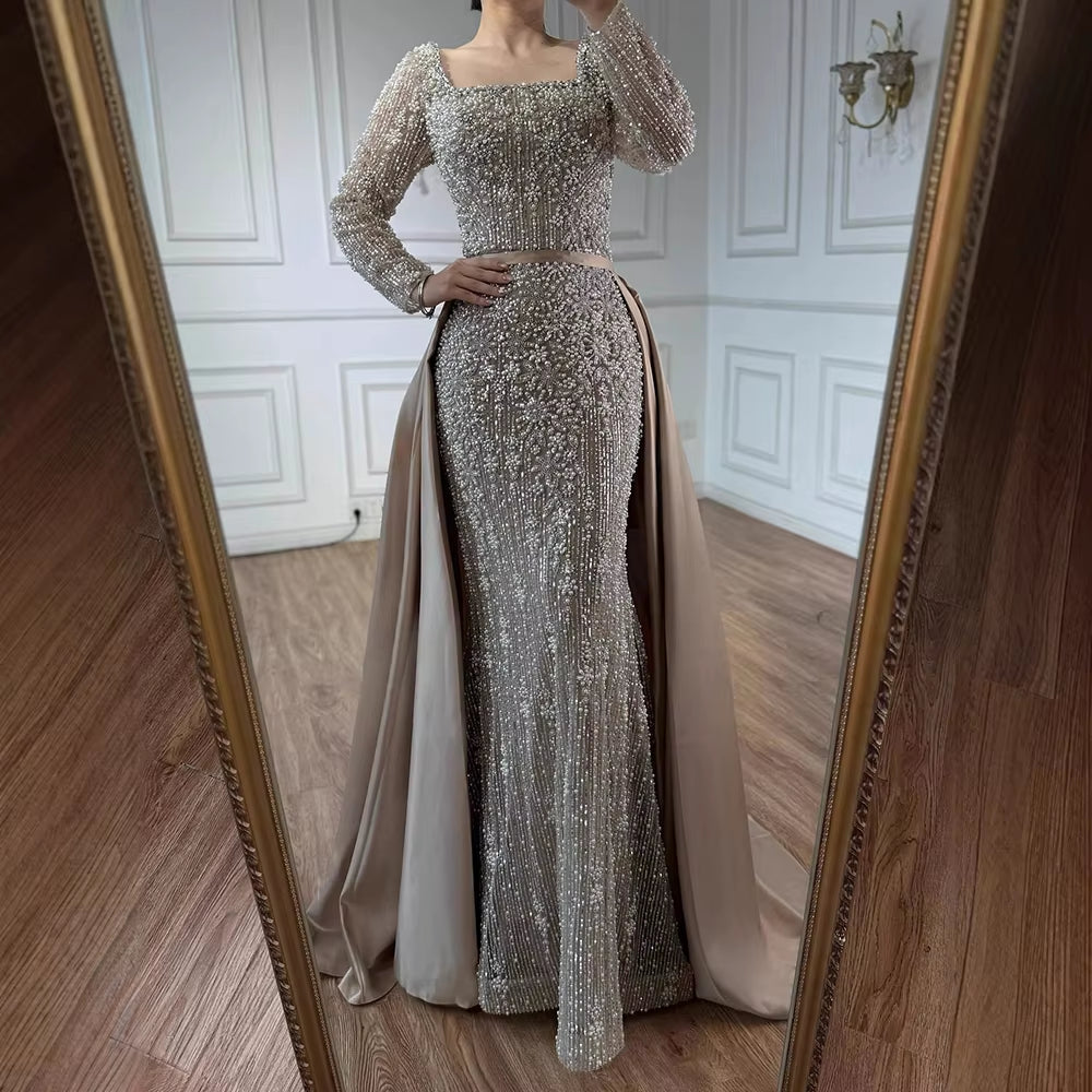 Turquoise Square Collar Mermaid Beaded Evening Dress Overskirt Party Gowns with Long Sleeves Customized DLA72533A