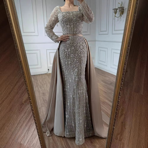 Turquoise Square Collar Mermaid Beaded Evening Dress Overskirt Party Gowns with Long Sleeves Customized DLA72533A