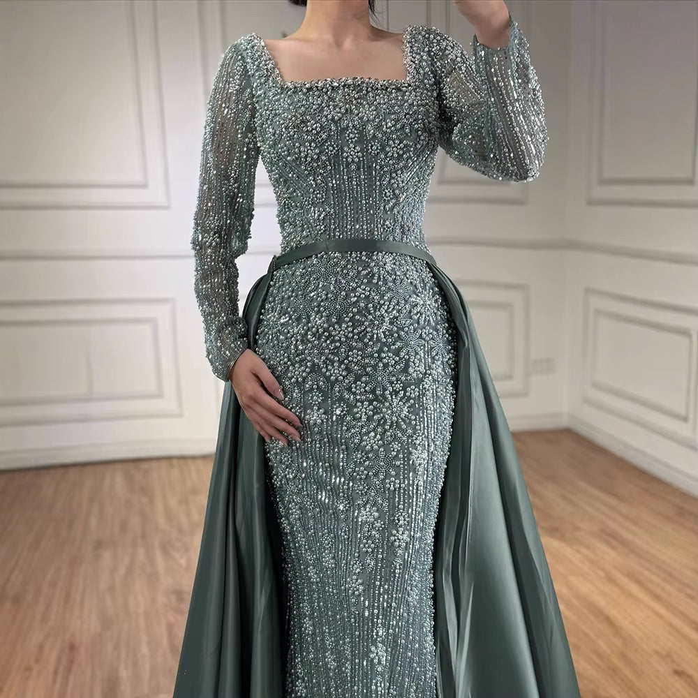 Turquoise Square Collar Mermaid Beaded Evening Dress Overskirt Party Gowns with Long Sleeves Customized DLA72533A