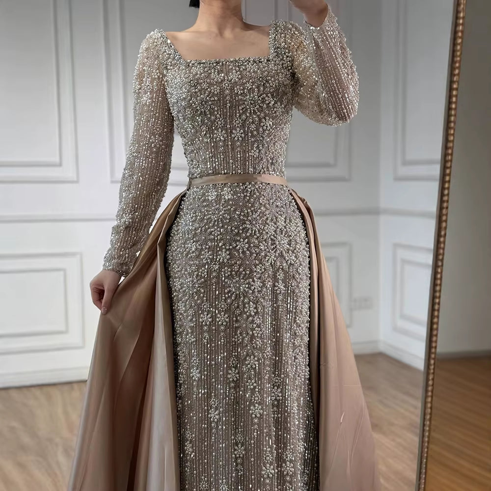 Turquoise Square Collar Mermaid Beaded Evening Dress Overskirt Party Gowns with Long Sleeves Customized DLA72533A