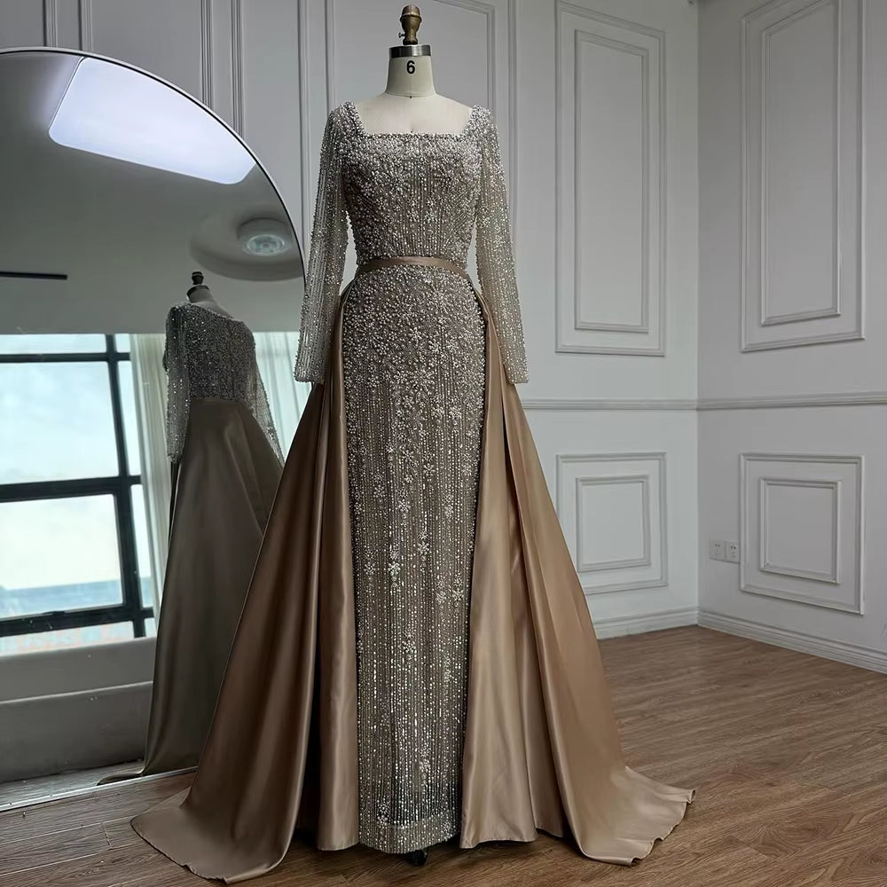 Turquoise Square Collar Mermaid Beaded Evening Dress Overskirt Party Gowns with Long Sleeves Customized DLA72533A