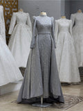 Imperial Frost Mermaid Beaded Evening Dress Overskirt Party Gowns with Long Sleeves