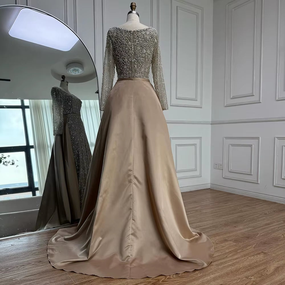 Turquoise Square Collar Mermaid Beaded Evening Dress Overskirt Party Gowns with Long Sleeves Customized DLA72533A