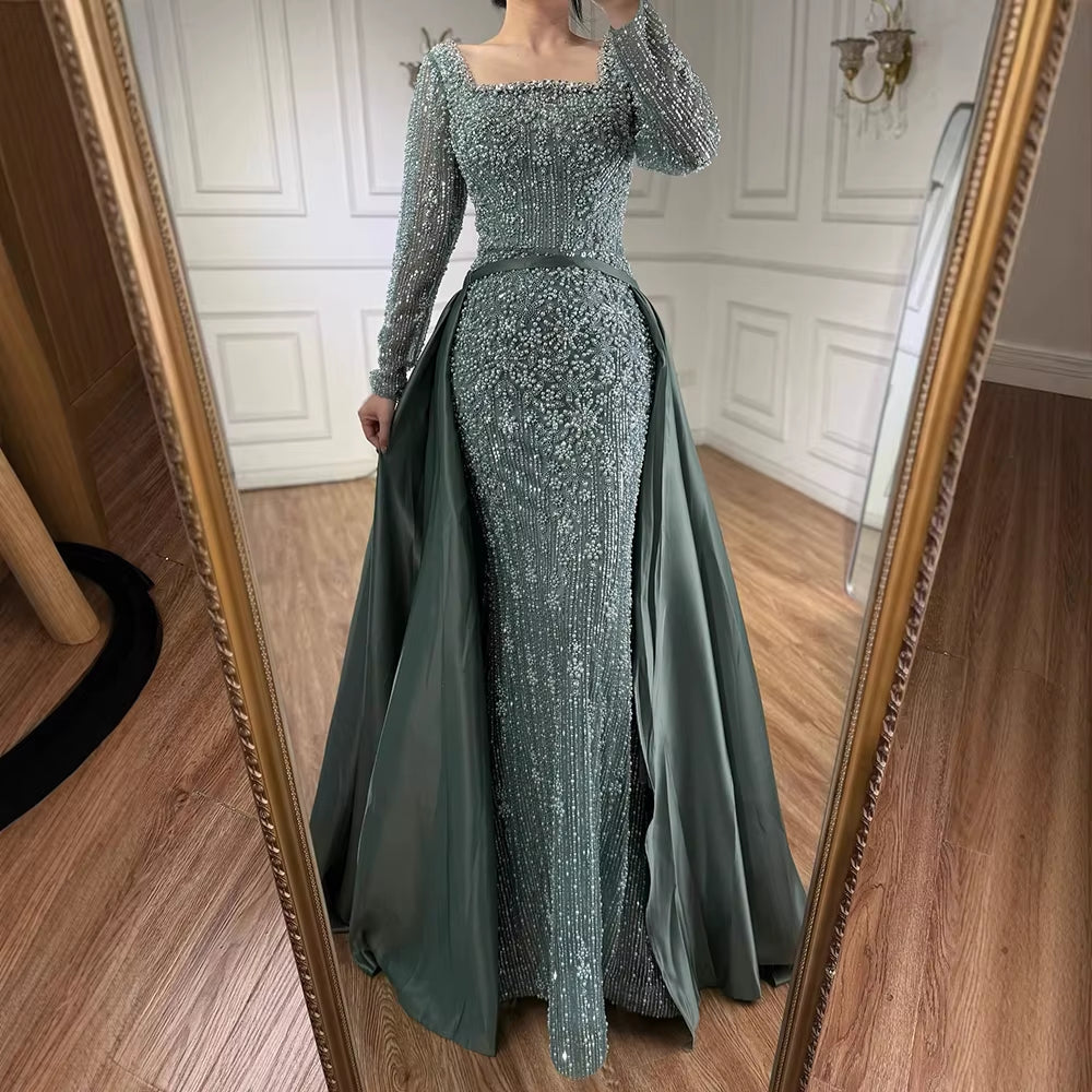Turquoise Square Collar Mermaid Beaded Evening Dress Overskirt Party Gowns with Long Sleeves Customized DLA72533A