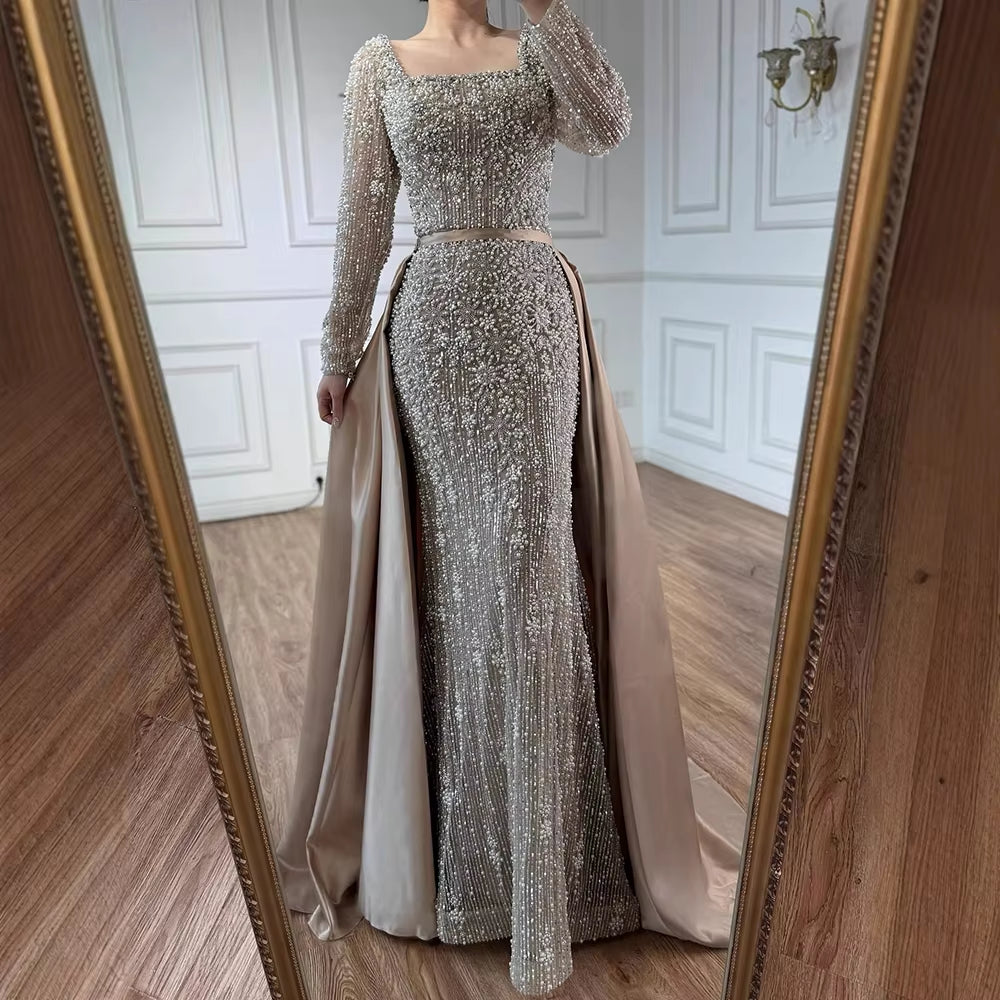 Turquoise Square Collar Mermaid Beaded Evening Dress Overskirt Party Gowns with Long Sleeves Customized DLA72533A